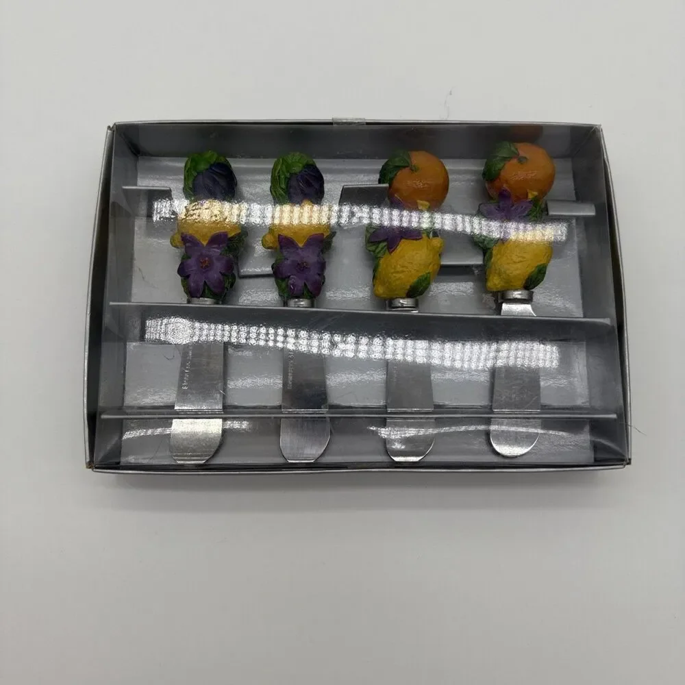 Set Of 4 Fruit Themed Butter Cheese Spreaders Spreading Knives Lemons Oranges